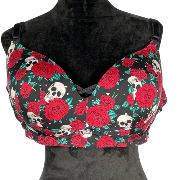 Torrid Black Floral Bra Skull Roses Wireless Push Up Curvy T-Shirt Smoothing - Picture 1 of 16